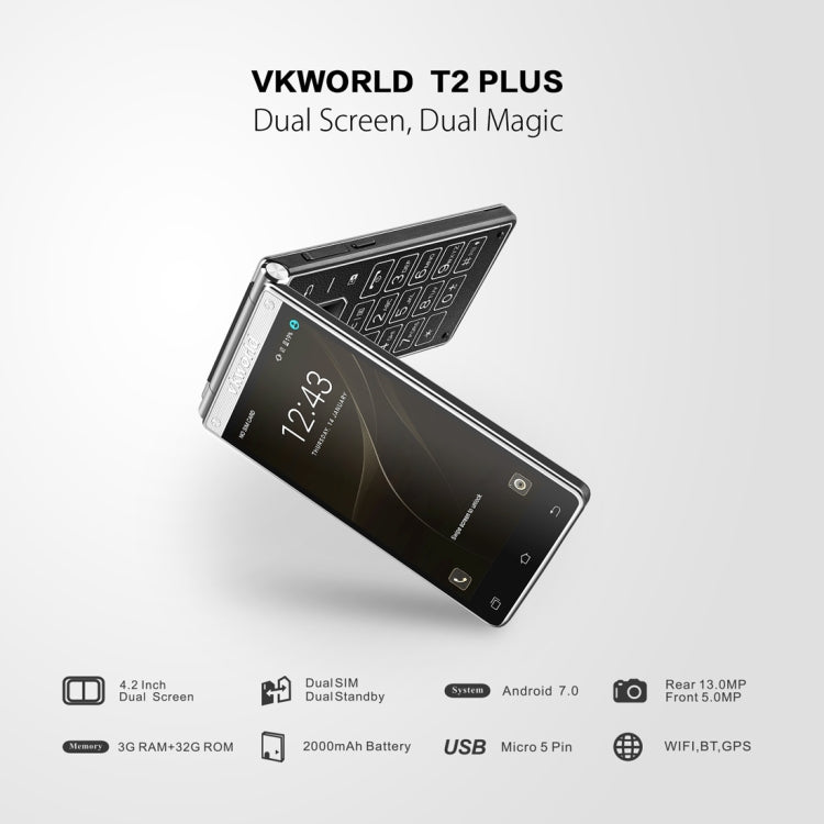 VKworld T2 Plus, 3GB+32GB, Flip Design, Double Camera Flash, 4.2 inch Dual Screens, Android 7.0 MTK6737 Quad Core, Physical Keyboard, Network: 4G(Black)