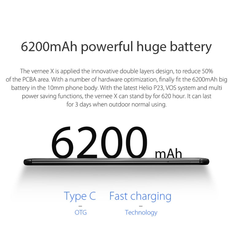 [HK Warehouse] Vernee X, 4GB+64GB, Dual Back Cameras + Dual Front Cameras, 6200mAh Battery, Face & Fingerprint Identification, 6.0 inch Android 7.1 MTK6763 Octa Core up to 2.0GHz, Network: 4G, OTG