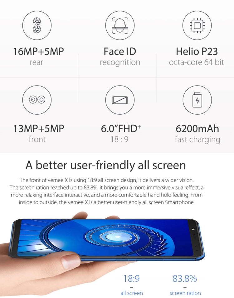 [HK Warehouse] Vernee X, 4GB+64GB, Dual Back Cameras + Dual Front Cameras, 6200mAh Battery, Face & Fingerprint Identification, 6.0 inch Android 7.1 MTK6763 Octa Core up to 2.0GHz, Network: 4G, OTG