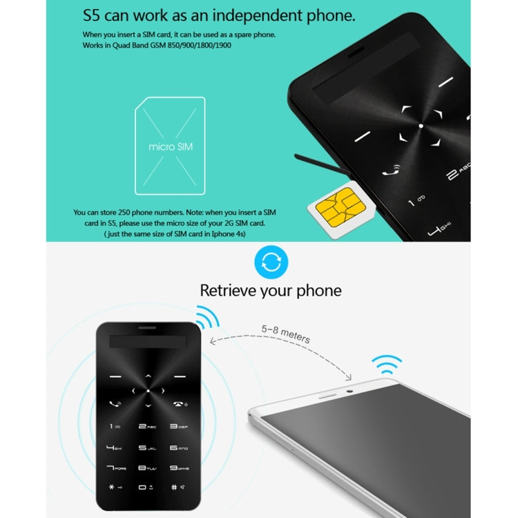DAXIAN DXS5 Card Mobile Phone, Network: 2G, 6.5mm Ultra Thin Pocket Mini Slim Card Phone, QWERTY Keyboard, BT, Alarm, MP3 Music, Pedometer, Remote Capture