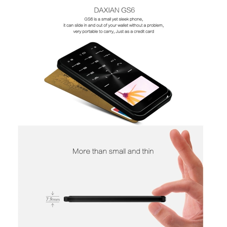 DAXIAN GS6 Card Mobile Phone, Network: 2G, 7.9mm Ultra Thin Pocket Mini Slim Card Phone, 1.69 inch, QWERTY Keyboard, BT, FM, Alarm, MP3 Music, Calendar, Calculator