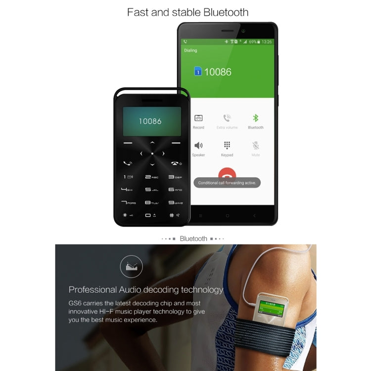 DAXIAN GS6 Card Mobile Phone, Network: 2G, 7.9mm Ultra Thin Pocket Mini Slim Card Phone, 1.69 inch, QWERTY Keyboard, BT, FM, Alarm, MP3 Music, Calendar, Calculator