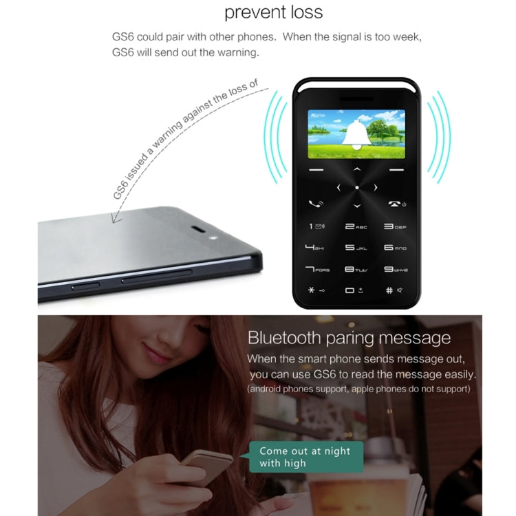 DAXIAN GS6 Card Mobile Phone, Network: 2G, 7.9mm Ultra Thin Pocket Mini Slim Card Phone, 1.69 inch, QWERTY Keyboard, BT, FM, Alarm, MP3 Music, Calendar, Calculator