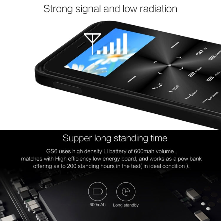 DAXIAN GS6 Card Mobile Phone, Network: 2G, 7.9mm Ultra Thin Pocket Mini Slim Card Phone, 1.69 inch, QWERTY Keyboard, BT, FM, Alarm, MP3 Music, Calendar, Calculator