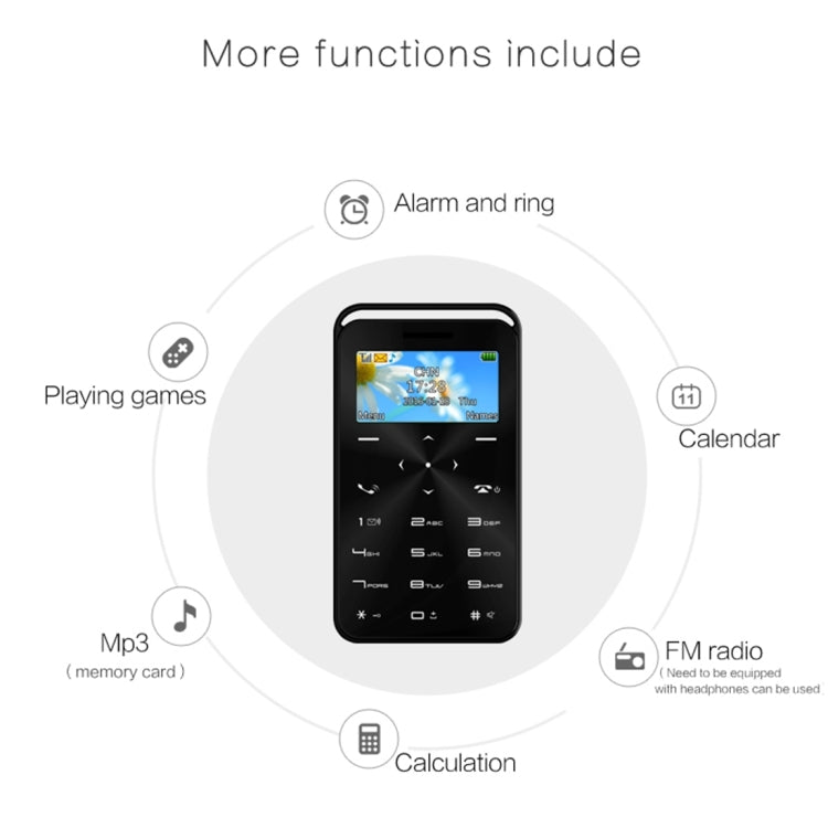 DAXIAN GS6 Card Mobile Phone, Network: 2G, 7.9mm Ultra Thin Pocket Mini Slim Card Phone, 1.69 inch, QWERTY Keyboard, BT, FM, Alarm, MP3 Music, Calendar, Calculator