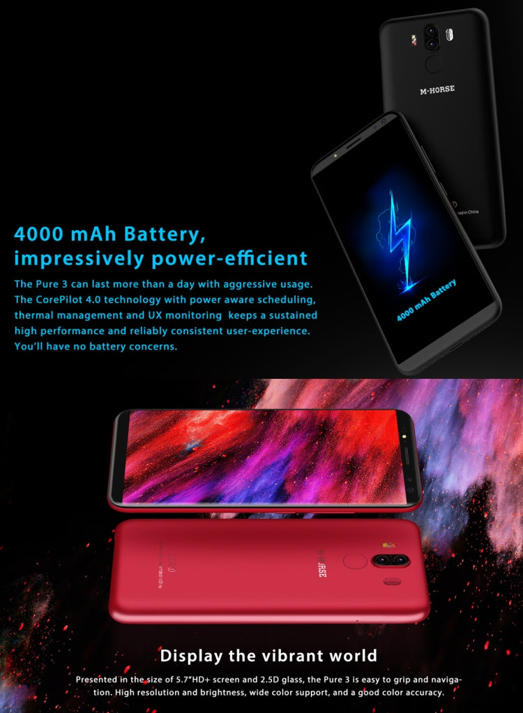 M-HORSE Pure 3, 4GB+64GB, Dual Back Cameras + Dual Front Cameras, Fingerprint Identification, 5.7 inch Android 7.1 MTK6763