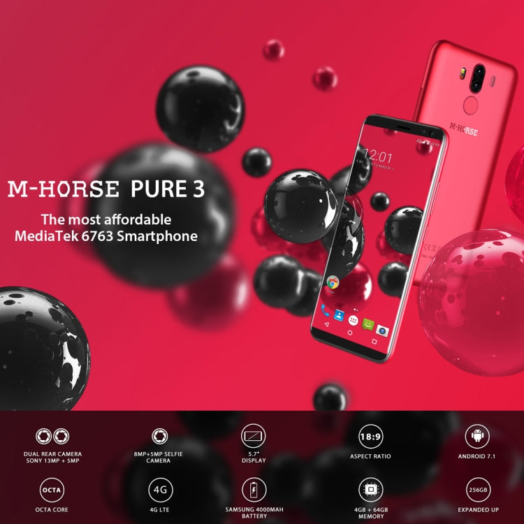 M-HORSE Pure 3, 4GB+64GB, Dual Back Cameras + Dual Front Cameras, Fingerprint Identification, 5.7 inch Android 7.1 MTK6763