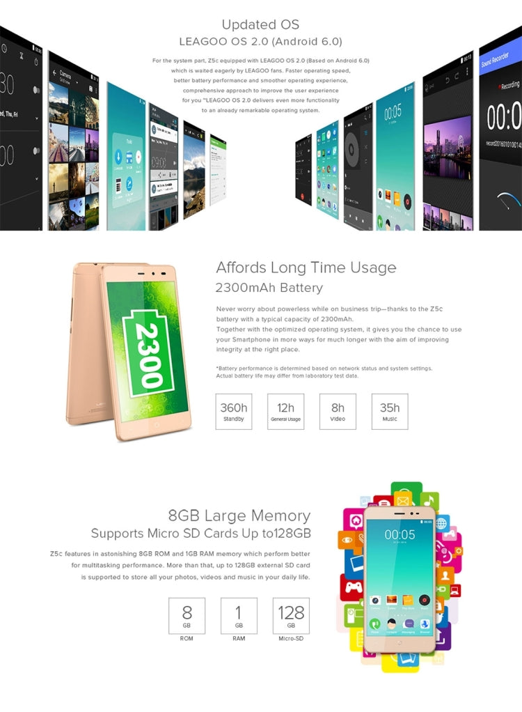 [HK Warehouse] LEAGOO Z5C, 1GB+8GB, 5.0 inch Android 6.0 SC7731c Cortex A7 Quad Core 1.3GHz, Network: 3G (European Version)(Black)