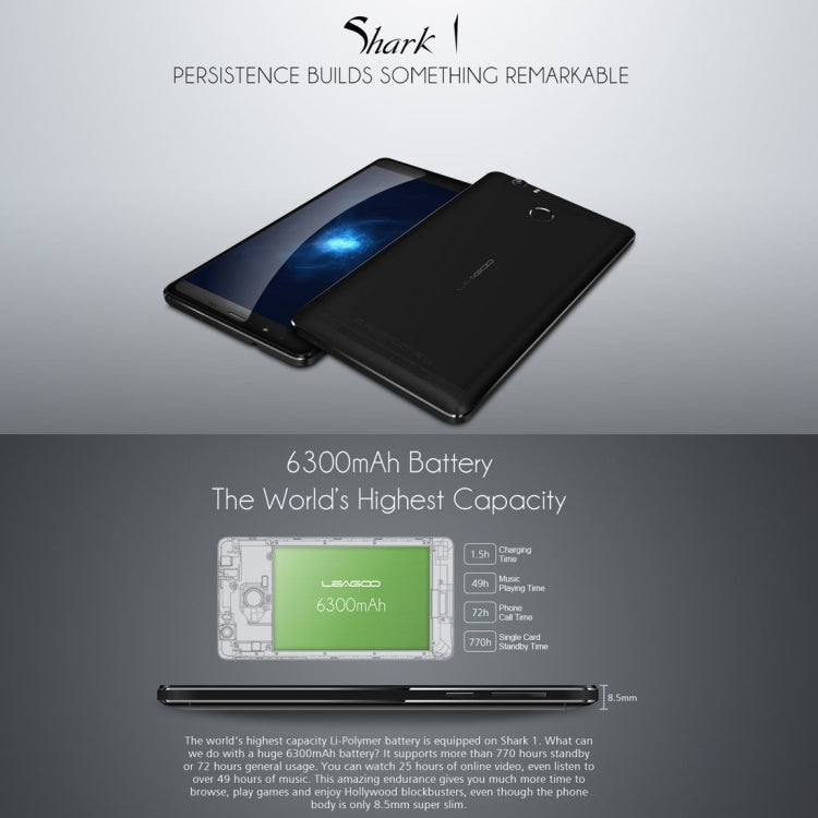 [HK Warehouse] LEAGOO Shark 1, 3GB+16GB, Fingerprint ID, 6300mAh Battery, 6.0 inch Android 5.1 MTK6753 ARM Cortex-A53 Octa Core 1.3GHz, Network: 4G(Black)