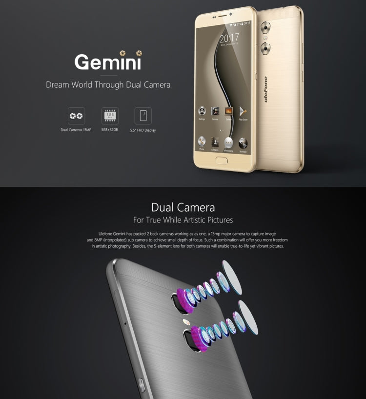 [HK Warehouse] Ulefone Gemini, 3GB+32GB, Front Fingerprint Identification, Dual Rear Cameras, 5.5 inch Android 6.0 MTK6737T Quad Core up to 1.5GHz, OTG, Network: 4G(Gold)