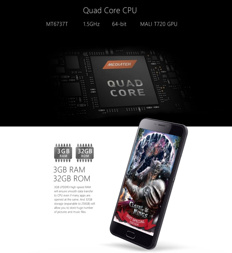 [HK Warehouse] Ulefone Gemini, 3GB+32GB, Front Fingerprint Identification, Dual Rear Cameras, 5.5 inch Android 6.0 MTK6737T Quad Core up to 1.5GHz, OTG, Network: 4G(Gold)