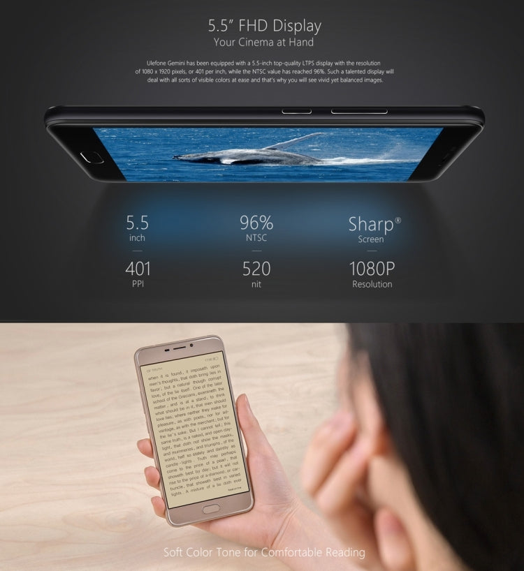 [HK Warehouse] Ulefone Gemini, 3GB+32GB, Front Fingerprint Identification, Dual Rear Cameras, 5.5 inch Android 6.0 MTK6737T Quad Core up to 1.5GHz, OTG, Network: 4G(Gold)