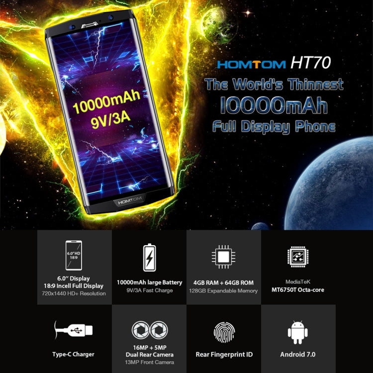 [HK Warehouse] HOMTOM HT70, 4GB+64GB, Dual Back Cameras, Fingerprint Identification, 10000mAh Battery, 6.0 inch Android 7.0 MTK6750T Octa Core up to 1.5GHz, Network: 4G, Dual SIM