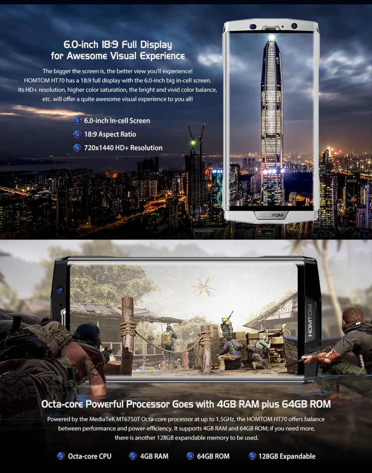 [HK Warehouse] HOMTOM HT70, 4GB+64GB, Dual Back Cameras, Fingerprint Identification, 10000mAh Battery, 6.0 inch Android 7.0 MTK6750T Octa Core up to 1.5GHz, Network: 4G, Dual SIM