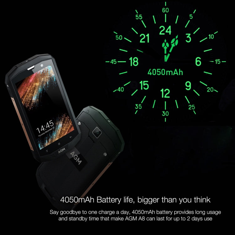 AGM A8 Triple Proofing Phone, 3GB+32GB, US Version, 4050mAh Battery, IP68 Waterproof Dustproof Shockproof, 5.0 inch Android 7.0 Qualcomm MSM8916 Quad Core, Network: 4G, Dual SIM, OTG, NFC (Gold)