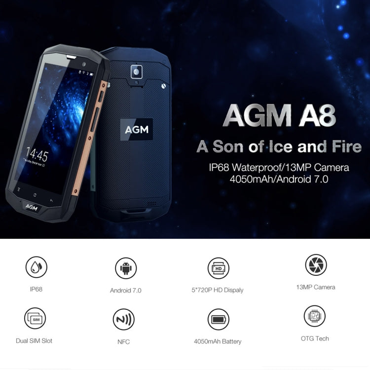 AGM A8 Triple Proofing Phone, 3GB+32GB, US Version, 4050mAh Battery, IP68 Waterproof Dustproof Shockproof, 5.0 inch Android 7.0 Qualcomm MSM8916 Quad Core, Network: 4G, Dual SIM, OTG, NFC (Gold)