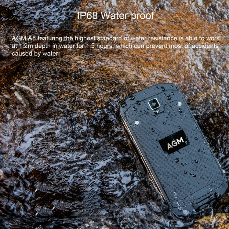 AGM A8 Triple Proofing Phone, 3GB+32GB, US Version, 4050mAh Battery, IP68 Waterproof Dustproof Shockproof, 5.0 inch Android 7.0 Qualcomm MSM8916 Quad Core, Network: 4G, Dual SIM, OTG, NFC (Gold)
