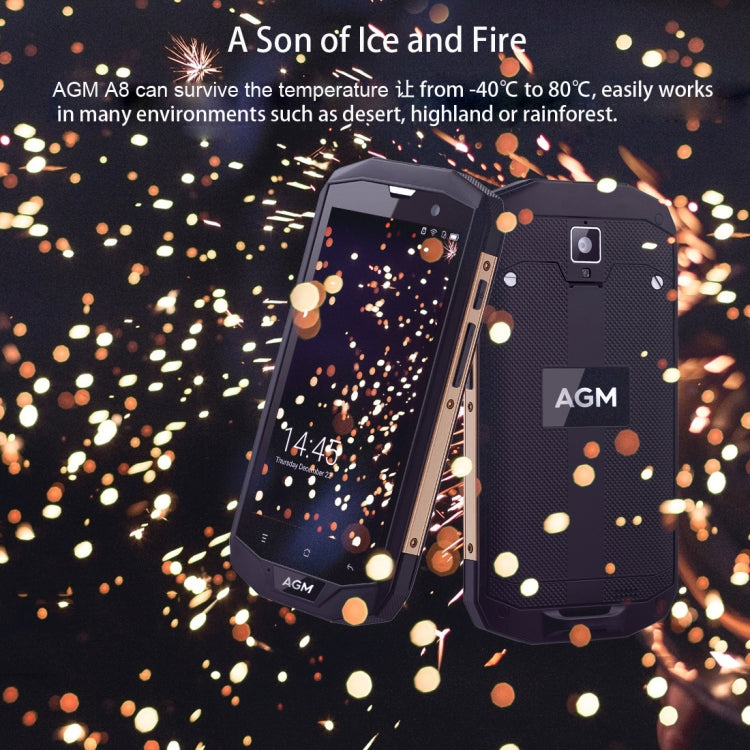 AGM A8 Triple Proofing Phone, 3GB+32GB, US Version, 4050mAh Battery, IP68 Waterproof Dustproof Shockproof, 5.0 inch Android 7.0 Qualcomm MSM8916 Quad Core, Network: 4G, Dual SIM, OTG, NFC (Gold)