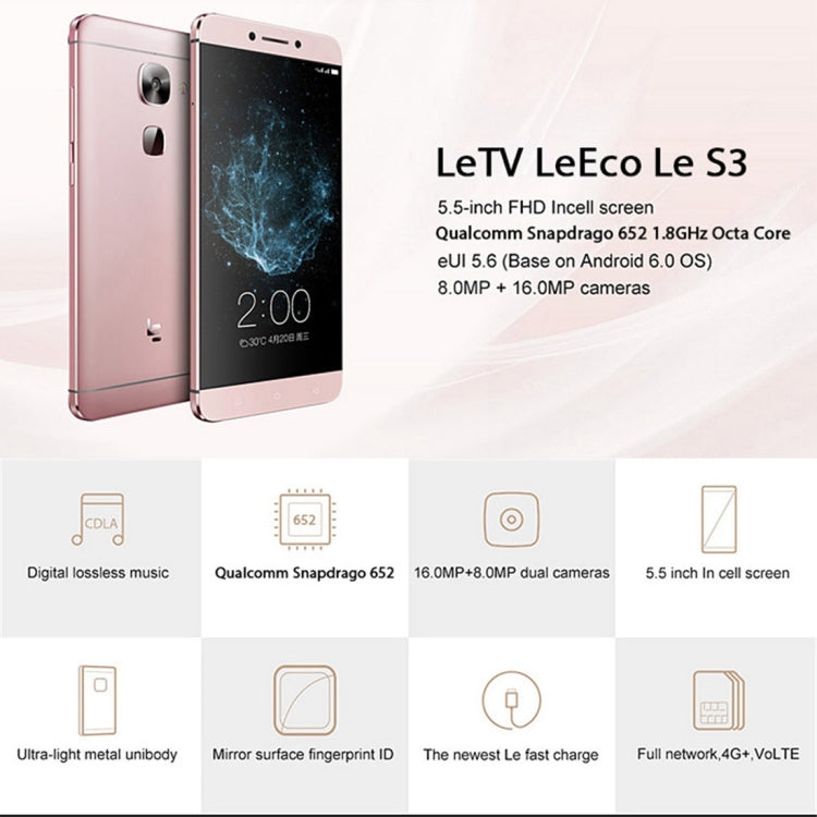 Letv LeEco Le S3 X522, 3GB+32GB, Fingerprint Identification, 5.5 inch Android 6.0 Qualcomm Snapdragon 652 (MSM8976) Octa Core up to 1.8GHz, Network: 4G(Rose Gold)