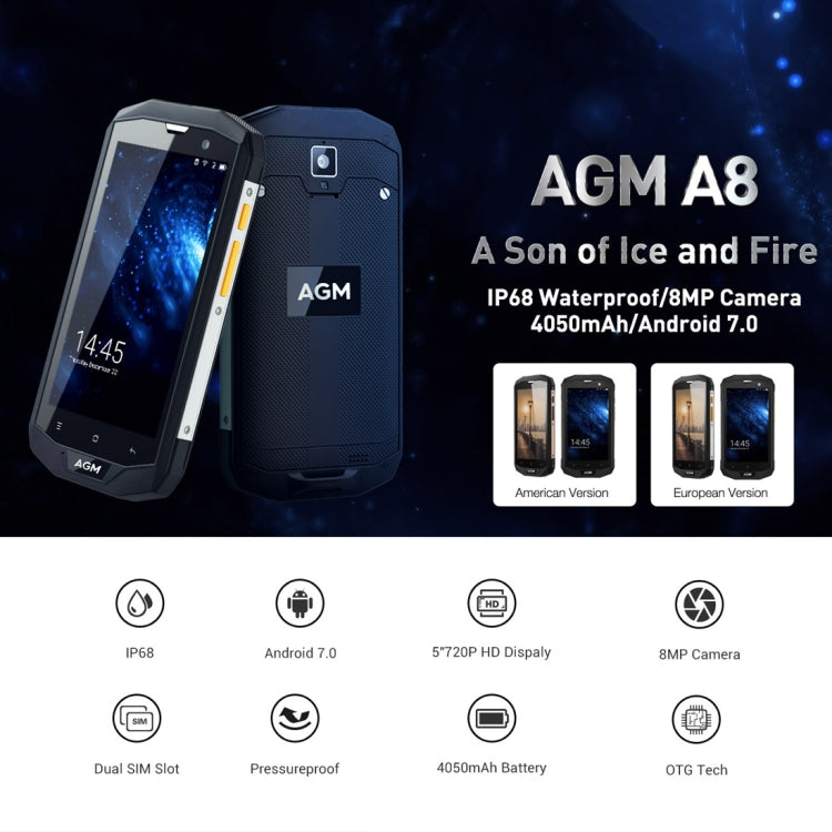 AGM A8 SE Triple Proofing Phone, 2GB+16GB, 4050mAh Battery, IP68 Waterproof Dustproof Shockproof, 5.0 inch Android 7.0 Qualcomm MSM8916 Quad Core, Network: 4G, Dual SIM, OTG(Black)