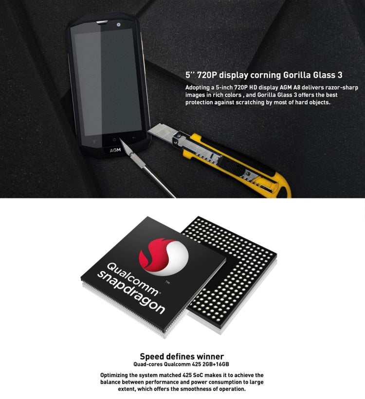 AGM A8 SE Triple Proofing Phone, 2GB+16GB, 4050mAh Battery, IP68 Waterproof Dustproof Shockproof, 5.0 inch Android 7.0 Qualcomm MSM8916 Quad Core, Network: 4G, Dual SIM, OTG(Black)