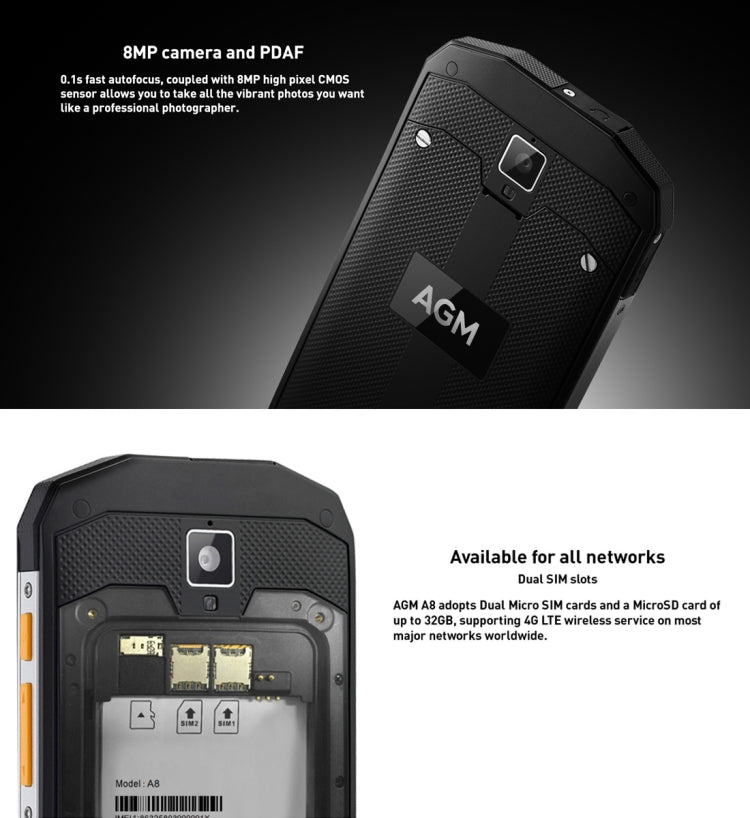 AGM A8 SE Triple Proofing Phone, 2GB+16GB, 4050mAh Battery, IP68 Waterproof Dustproof Shockproof, 5.0 inch Android 7.0 Qualcomm MSM8916 Quad Core, Network: 4G, Dual SIM, OTG(Black)
