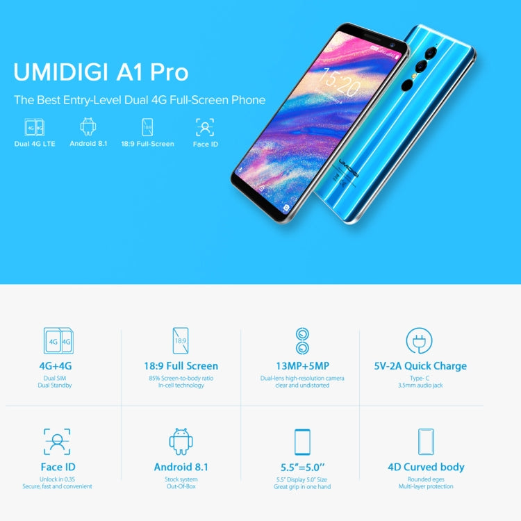 [HK Warehouse] UMIDIGI A1 Pro, Dual 4G, 3GB+16GB, Dual Back Cameras, Face & Fingerprint Identification,  5.5 inch Android 8.1 MTK6739 Quad Core up to 1.5GHz, Network: 4G, Dual SIM, VoLTE