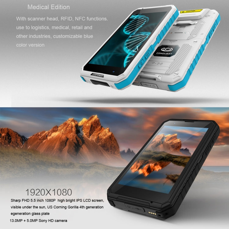 Conquest S10, 3GB+32GB, Walkie Talkie Function, RFID, Scanner, 5000mAh Battery, IP68 Waterproof Dustproof Shockproof, Fingerprint Identification, 5.5 inch Android 6.0 MTK6753 Octa Core up to 1.5GHz, Network: 4G, NFC, OTG, IR(Black)