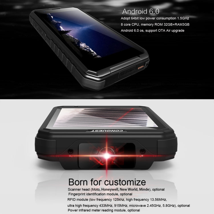 Conquest S10, 3GB+32GB, Walkie Talkie Function, RFID, Scanner, 5000mAh Battery, IP68 Waterproof Dustproof Shockproof, Fingerprint Identification, 5.5 inch Android 6.0 MTK6753 Octa Core up to 1.5GHz, Network: 4G, NFC, OTG, IR(Black)