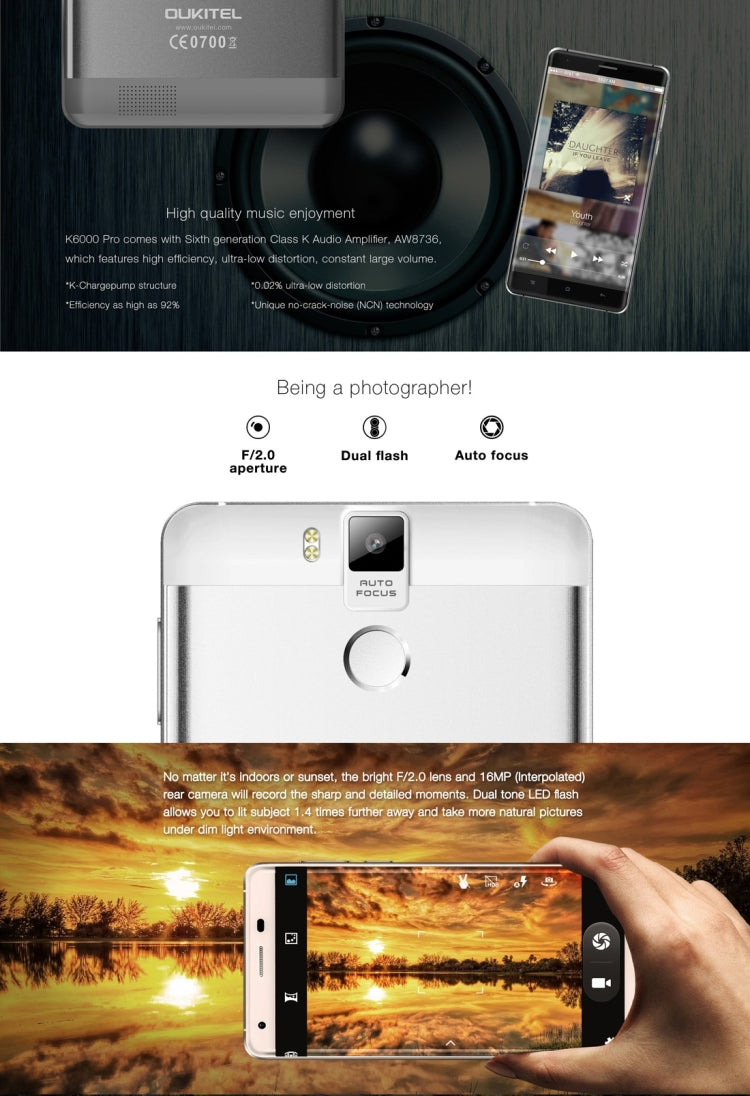 [HK Warehouse] OUKITEL K6000 Pro, 3GB+32GB, 6000mAh Battery, 5.5 inch Android 6.0 MTK6753 Octa Core 1.3GHZ, Network: 4G, OTG, OTA, GPS, FM, with CE Certification