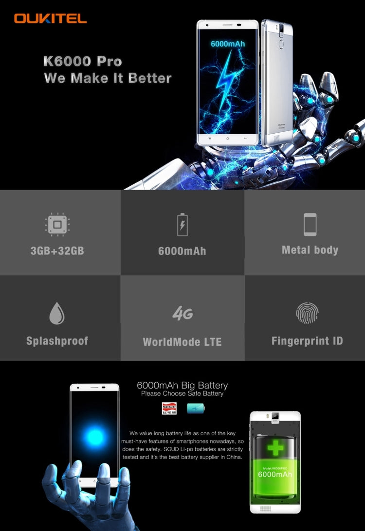 [HK Warehouse] OUKITEL K6000 Pro, 3GB+32GB, 6000mAh Battery, 5.5 inch Android 6.0 MTK6753 Octa Core 1.3GHZ, Network: 4G, OTG, OTA, GPS, FM, with CE Certification