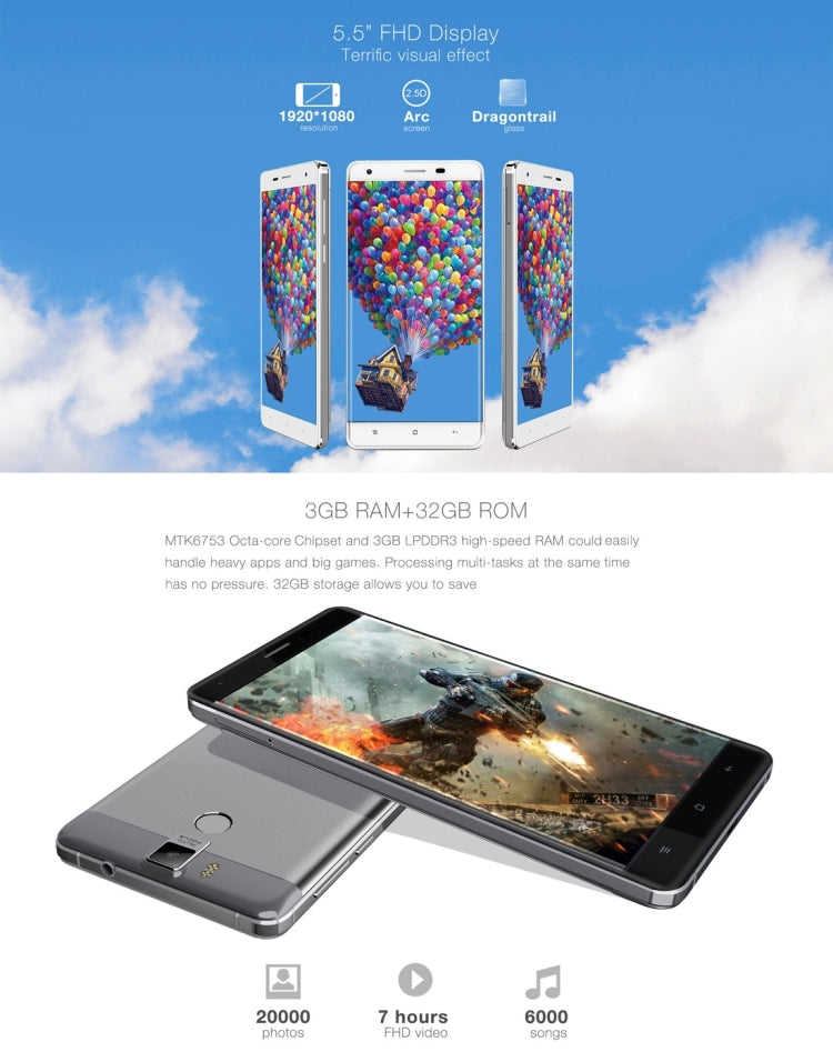 [HK Warehouse] OUKITEL K6000 Pro, 3GB+32GB, 6000mAh Battery, 5.5 inch Android 6.0 MTK6753 Octa Core 1.3GHZ, Network: 4G, OTG, OTA, GPS, FM, with CE Certification
