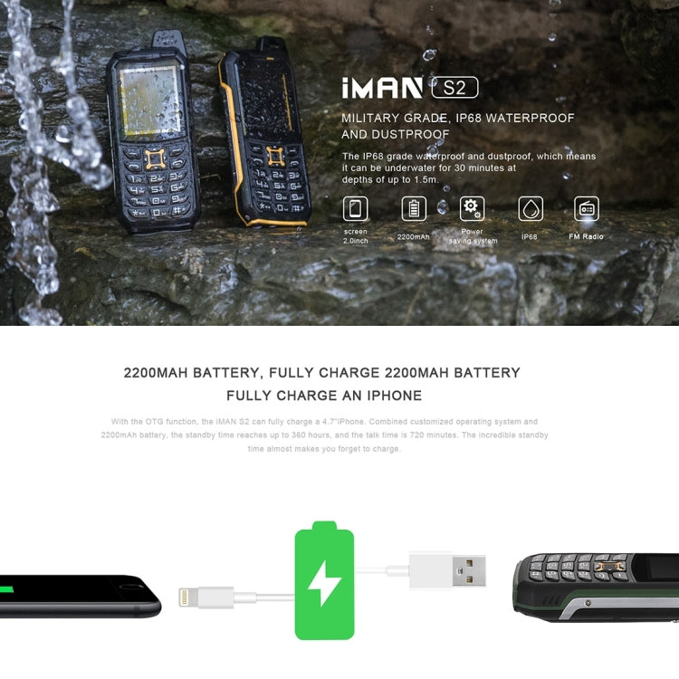 iMAN S2  Triple Proofing Phone, Dual SIM, IP68 Waterproof Shockproof Dustproof,  2200mAh Battery, 2.0 inch, SC6531CA Chipset, 21 Keys, LED Flashlight, FM, TF, Bluetooth