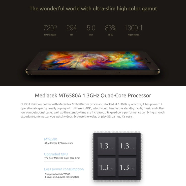 [HK Warehouse] CUBOT Rainbow, 1GB+16GB, 5.0 inch Android 6.0 MTK6580 Quad-Core 1.3GHz, Network: 3G