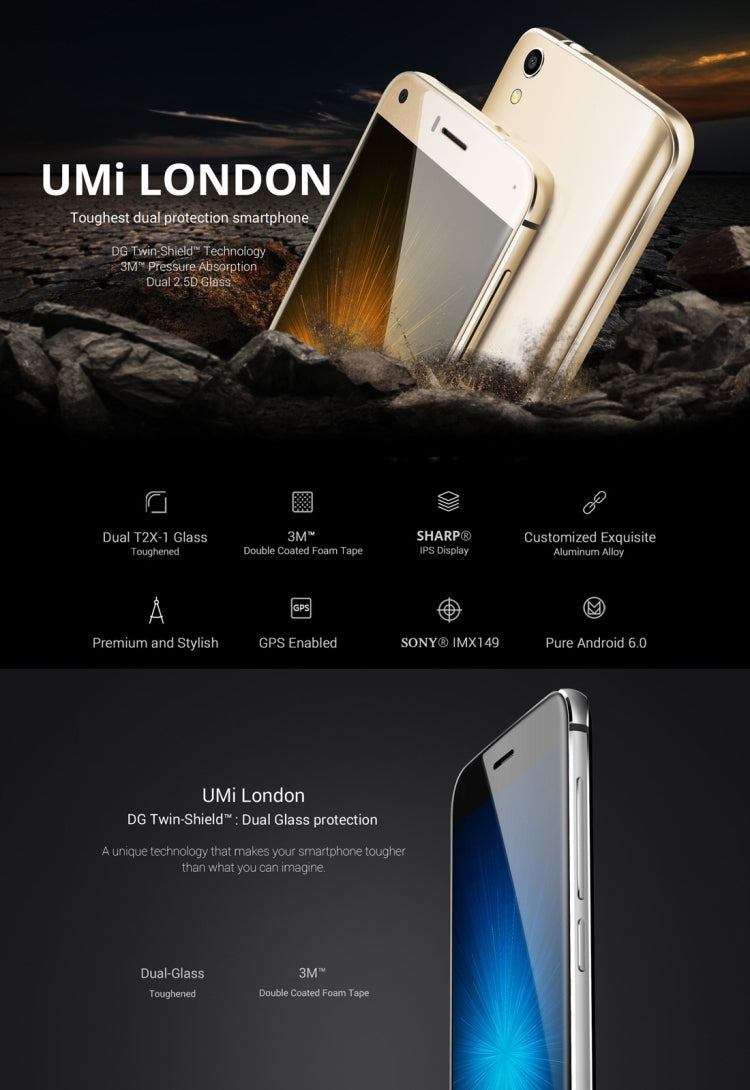 [HK Warehouse] UMI London, 1GB+8GB, 2.5D Arc 5.0 inch Android 6.0 MTK6580 Quad Core up to 1.3GHz, Network: 3G(Silver)