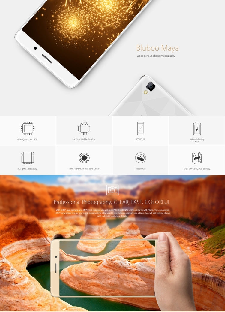 [HK Warehouse] BLUBOO Maya, 2GB+16GB, 5.5 inch Android 6.0 MTK6580A Quad Core up to 1.3GHz, Network: 3G(Gold)