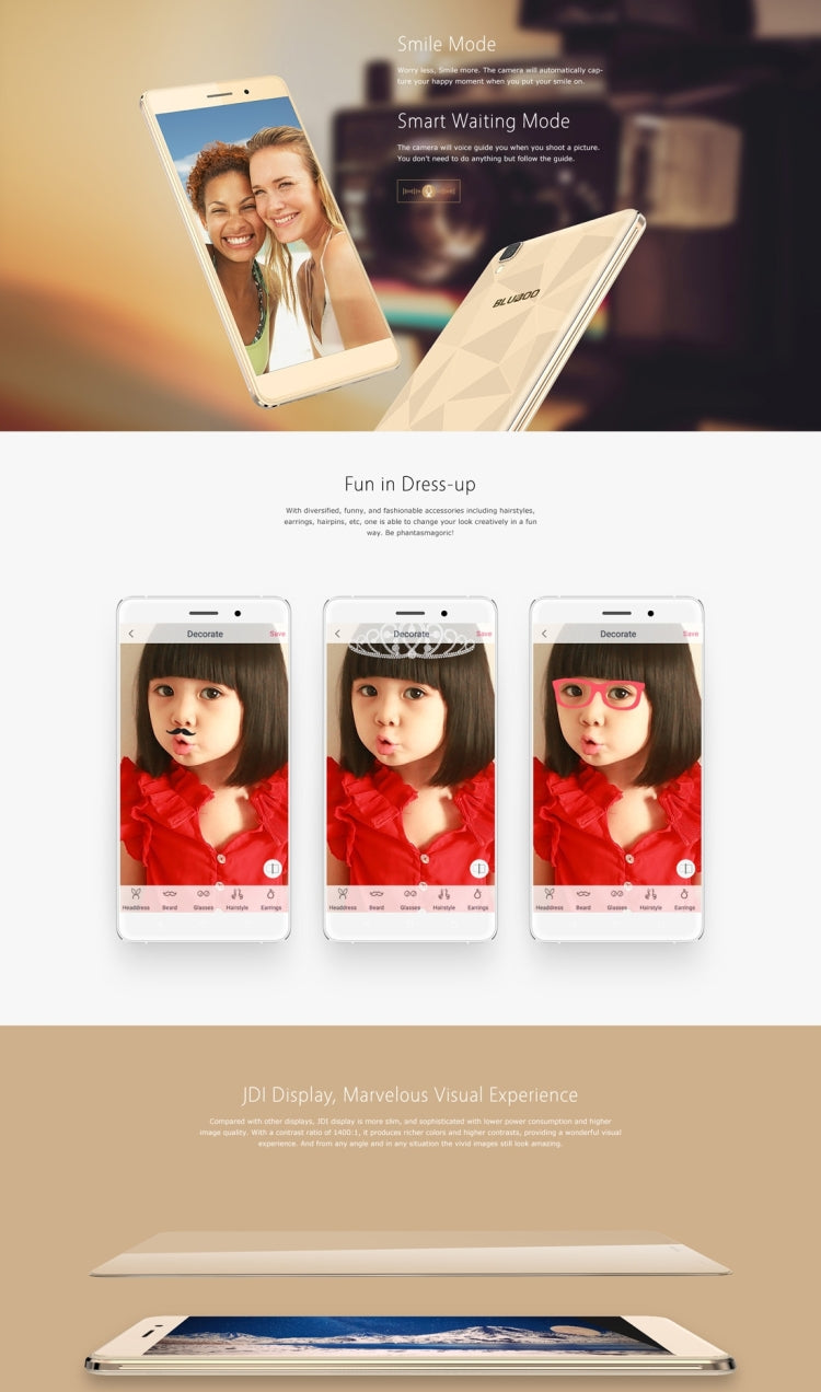 [HK Warehouse] BLUBOO Maya, 2GB+16GB, 5.5 inch Android 6.0 MTK6580A Quad Core up to 1.3GHz, Network: 3G(Gold)