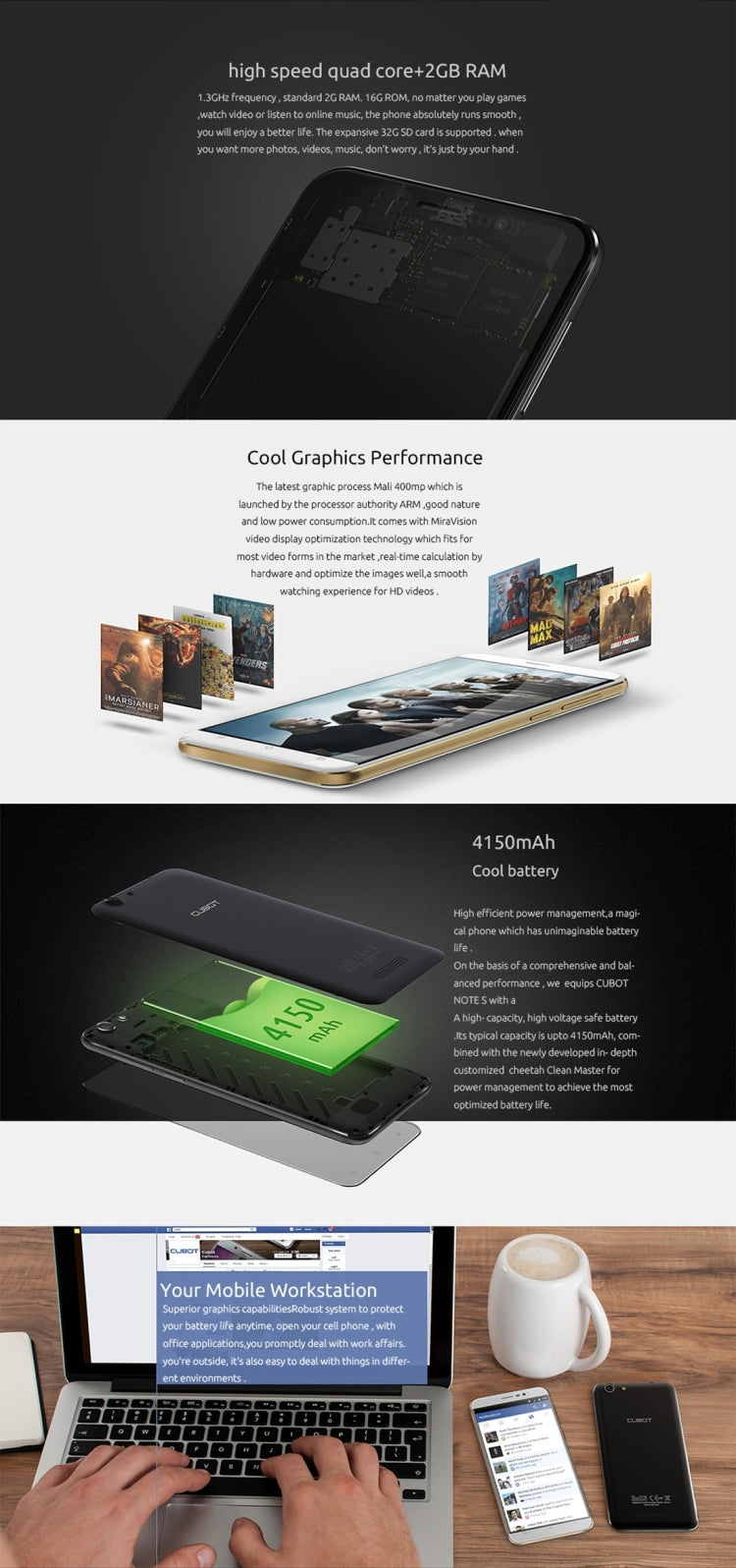 CUBOT NOTE S, 2GB+16GB, 5.5 inch Android 5.1 MTK6580 Quad-Core 1.3GHz, Network: 3G(Black)
