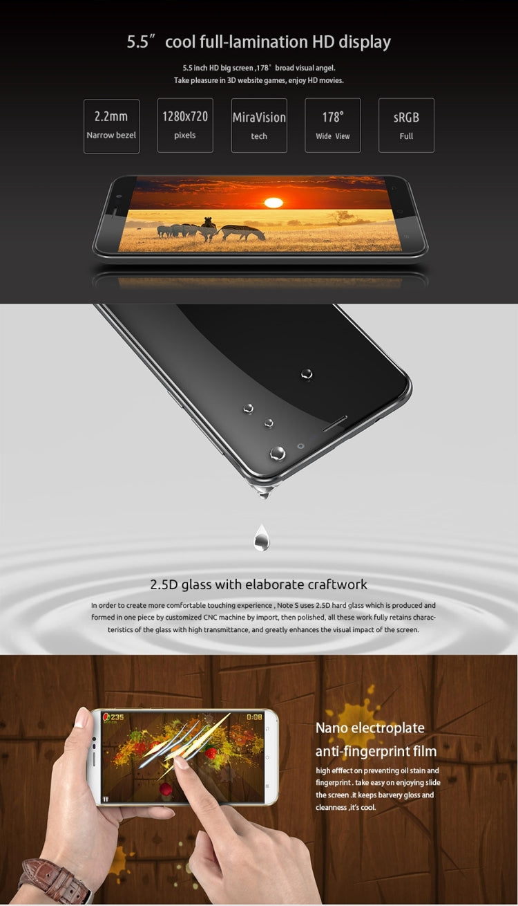 CUBOT NOTE S, 2GB+16GB, 5.5 inch Android 5.1 MTK6580 Quad-Core 1.3GHz, Network: 3G(Black)