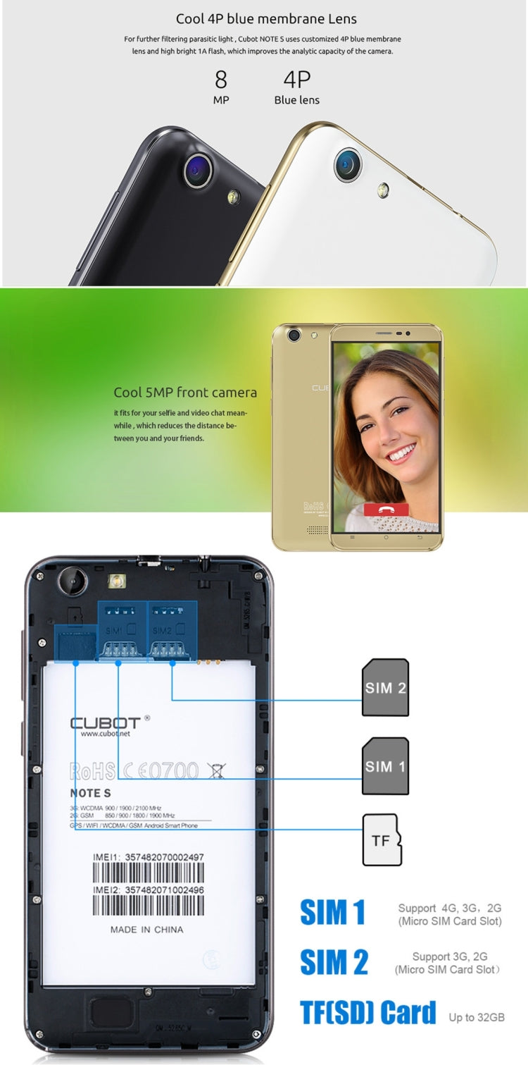 CUBOT NOTE S, 2GB+16GB, 5.5 inch Android 5.1 MTK6580 Quad-Core 1.3GHz, Network: 3G(Black)