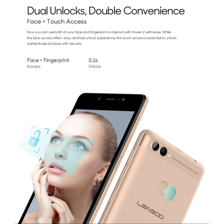 [HK Warehouse] LEAGOO POWER 2, 2GB+16GB, Dual Rear Cameras, Face ID & Fingerprint Identification, 5.0 inch Android 8.1 MT6580A Quad Core up to 1.3GHz, Network: 3G, Dual SIM