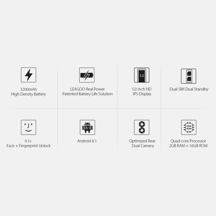 [HK Warehouse] LEAGOO POWER 2, 2GB+16GB, Dual Rear Cameras, Face ID & Fingerprint Identification, 5.0 inch Android 8.1 MT6580A Quad Core up to 1.3GHz, Network: 3G, Dual SIM