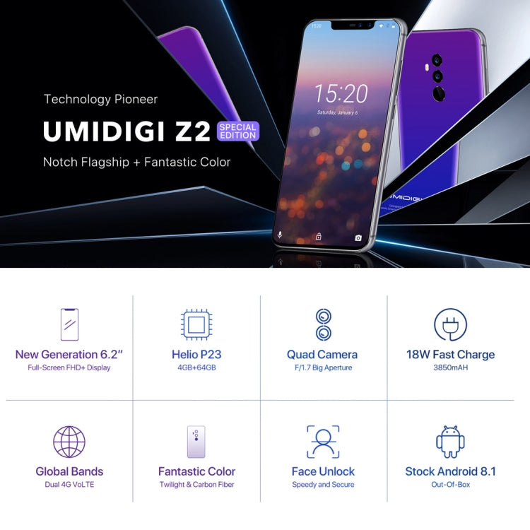 [HK Warehouse] UMIDIGI Z2, Special Edition, Global Dual 4G, 4GB+64GB, Dual Back Cameras + Dual Front Cameras, Face ID & Fingerprint Identification,  6.2 inch Sharp Android 8.1 MTK6763 (Helio P23)  Octa Core up to 2.0GHz, Network: 4G, Dual SIM(Twilight)