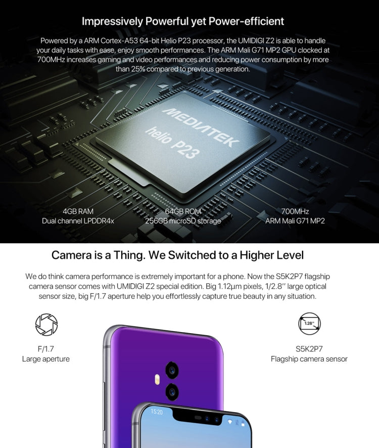 [HK Warehouse] UMIDIGI Z2, Special Edition, Global Dual 4G, 4GB+64GB, Dual Back Cameras + Dual Front Cameras, Face ID & Fingerprint Identification,  6.2 inch Sharp Android 8.1 MTK6763 (Helio P23)  Octa Core up to 2.0GHz, Network: 4G, Dual SIM(Twilight)