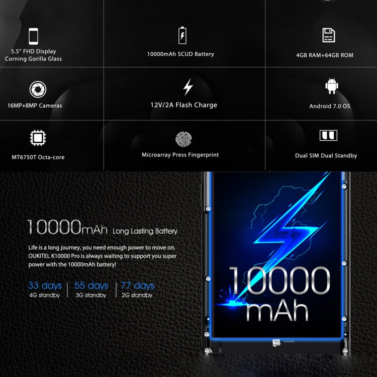[HK Warehouse] OUKITEL K10000 Pro, 4GB+64GB, Fingerprint Identification, 10000mAh Battery, 5.5 inch Android 7.0 MTK6750T Octa Core up to 1.5GHz, Network: 4G, OTG(Black)