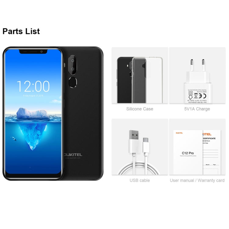 [HK Warehouse] OUKITEL C12 Pro, 2GB+16GB, Dual Back Cameras, Face ID & Fingerprint Identification, 6.18 inch Android 8.1 MTK6739 Quad Core up to 1.3GHz, Network: 4G, OTG