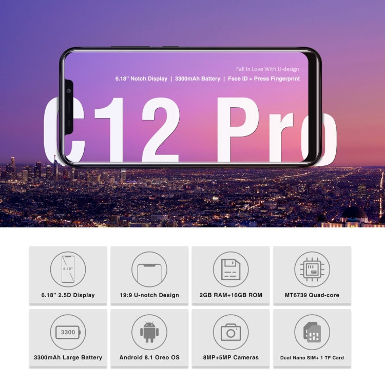 [HK Warehouse] OUKITEL C12 Pro, 2GB+16GB, Dual Back Cameras, Face ID & Fingerprint Identification, 6.18 inch Android 8.1 MTK6739 Quad Core up to 1.3GHz, Network: 4G, OTG