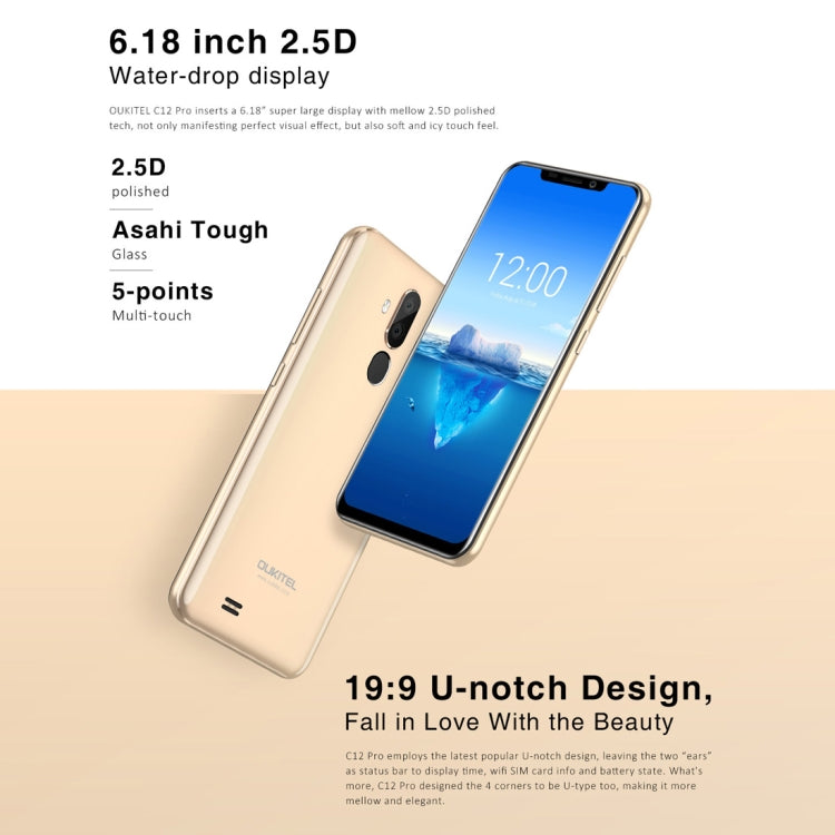 [HK Warehouse] OUKITEL C12 Pro, 2GB+16GB, Dual Back Cameras, Face ID & Fingerprint Identification, 6.18 inch Android 8.1 MTK6739 Quad Core up to 1.3GHz, Network: 4G, OTG