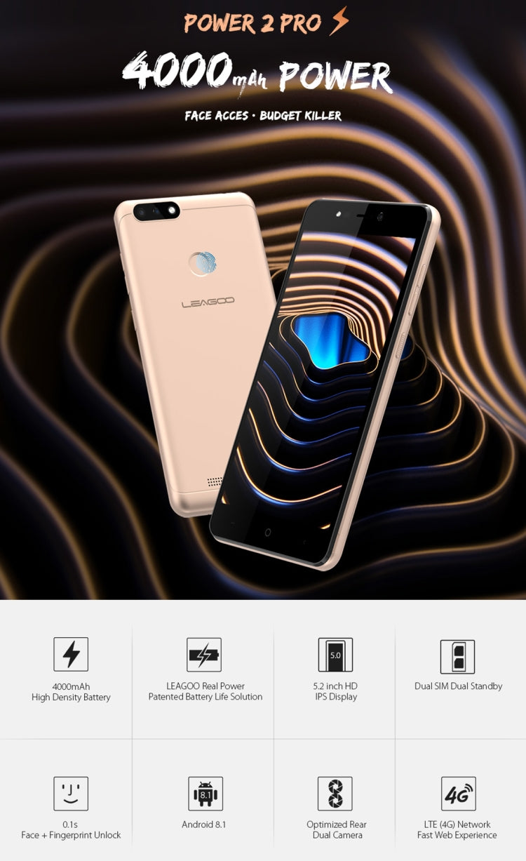 [HK Warehouse] LEAGOO POWER 2 Pro, 2GB+16GB, Dual Back Cameras, 4000mAh Battery, Face ID & Fingerprint Identification, 5.2 inch Android 8.1 MTK6739V/WA Quad Core, Network: 4G, Dual SIM