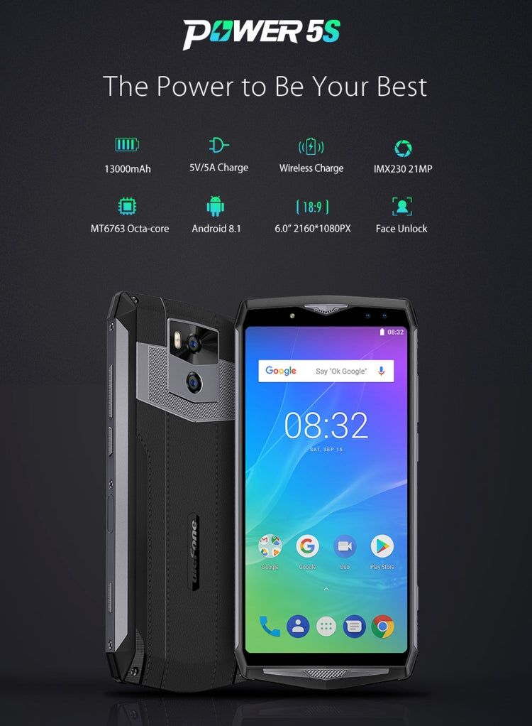 [HK Warehouse] Ulefone Power 5S, Dual 4G, 4GB+64GB, Dual Back Cameras + Dual Front Cameras, Face ID & Fingerprint Identification, 13000mAh Battery, 6.0 inch Android 8.1 MKT6763 Octa-core 64-bit up to 2.0GHz, Network: 4G,  Wireless Charge, OTG(Dark Gray)